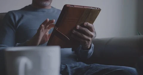 Focused Man Uses Digital Tablet in Morning 2 Stock Footage 94396559