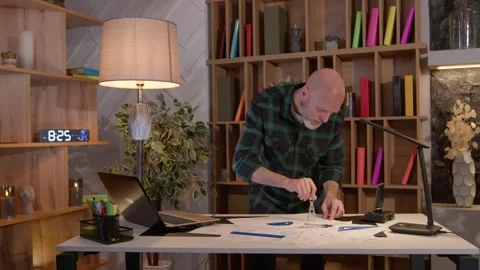 Focused mature man architect working and drawing blueprint with drafting tools Stock Footage 274782591