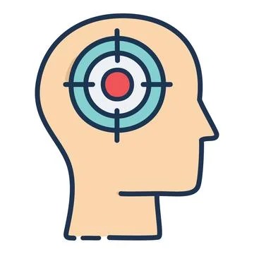 Focused mind target icon. Illustration of a head with a target inside, symb.. Stock Illustration