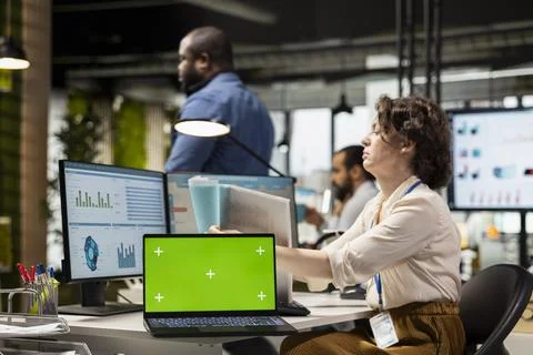 Focused office administrator using data for forecast with a green screen Stock Photos