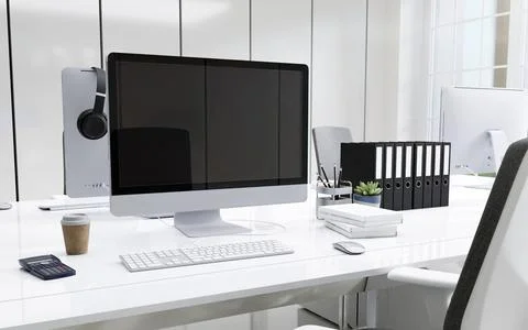 Focused office desk setup with computer and organized supplies, 3D render Stock Illustration