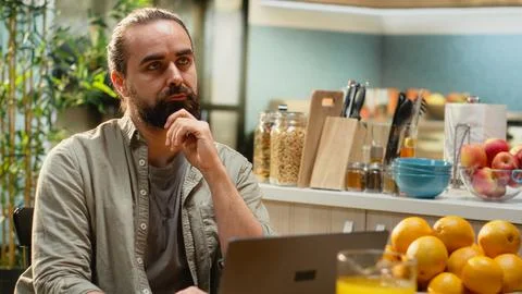 Focused pensive man, problem solving ideas, considering and planning the future Stock Photos