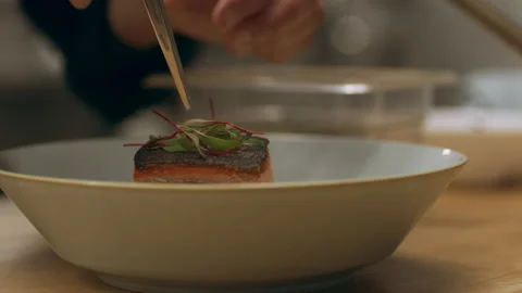 Focused professional chef carefully placing herbs on top of salmon dish in indus Stock Footage 199461819