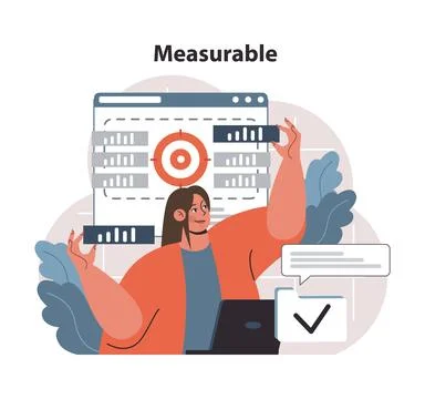Focused professional emphasizing the Measurable aspect of SMART goals. Flat Stock Illustration