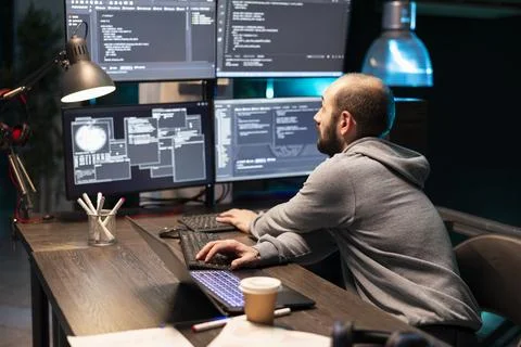 Focused Programmer Analyzing Code on Multiple Screens Foto stock