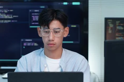 Focused Programmer Coding on Laptop Stockfoto's
