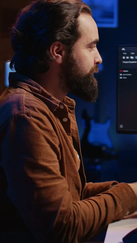 Focused programmer drinking coffee in apartment while solving database errors Stock Footage 264511648