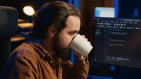 Focused programmer drinking coffee in apartment while solving database errors Stock Photos