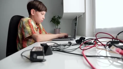 Focused schoolboy types on laptop making school project Stock Footage 308435774
