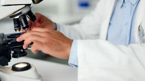 A focused scientist looking at a DNA sample under a microscope in a laboratory Stock Footage 201662266