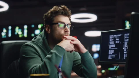 Focused scripter looking computer typing keyboard at night datacenter closeup Stock Footage 260257776