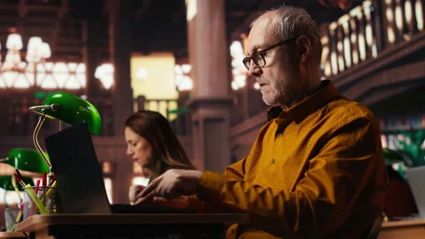 Focused senior guy reading academic text on laptop at the university Stock Footage 313308775