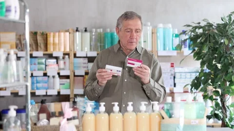 Focused senior man thoughtfully reading label of paracetamol boxes in pharmacy Video stock 326309786