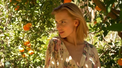 Focused Shot of Model Posing Under Orange Trees 스톡 동영상 116561635
