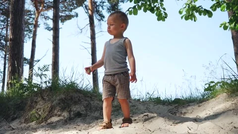 Focused Smart Toddler Boy Walking in Beach Forrest Slow Motion. Sunny and Warm  Stock Footage 133937842