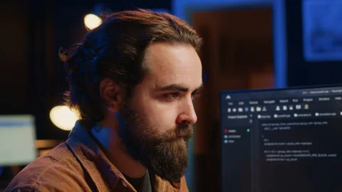 Focused software developer in home office doing coding on computer, close up Stock Footage 265511364