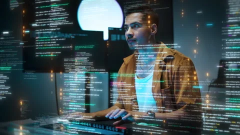 Focused software developer working with futuristic AI data interfaces and p.. Stock Footage 335443551