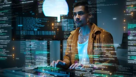 Focused software developer working with futuristic AI data interfaces and p.. Foto stock