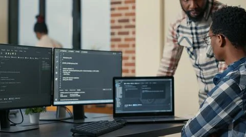 Focused software developer writing code on laptop looking at multiple screens 스톡 사진