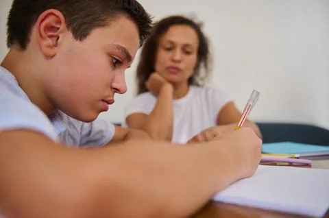 Focused student diligently working under tutor's supervision at home Stock Photos