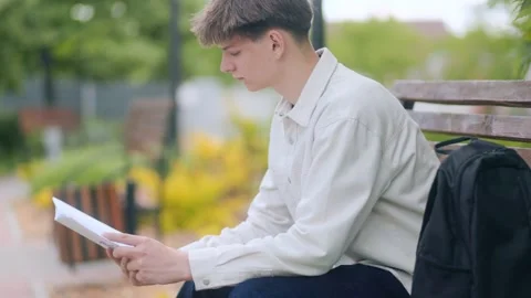 Focused student reading school notes on a quiet campus bench Stock Footage 310882592