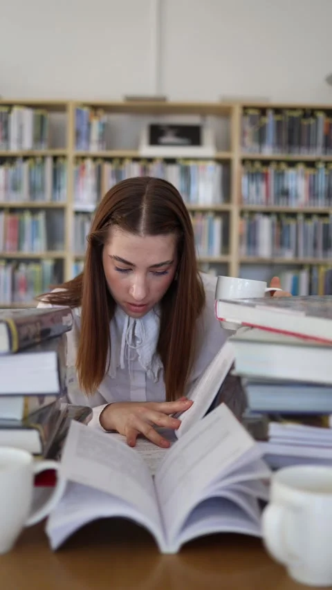 Focused student reads textbooks and drinks coffee during exam preparation Video stock 342178588
