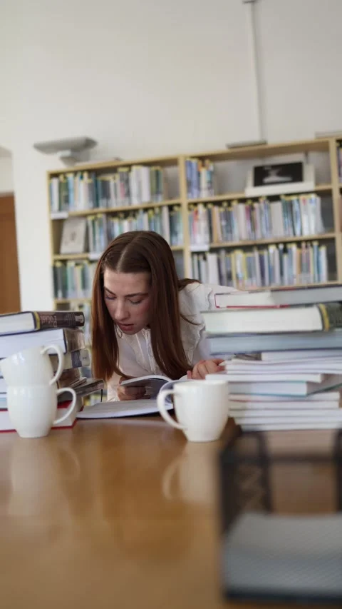 Focused student studies intensely among stacks of books in library Video stock 342178542