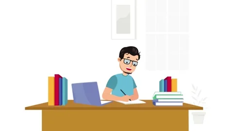 Focused Student Studying or Professional Working at Desk Illustration Stockbeeldmateriaal 333692983
