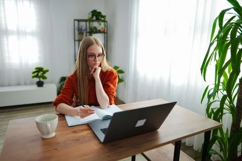 Focused study session in a cozy workspace on a sunny day Stock Photos