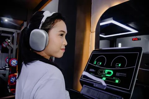 Focused treadmill workout with sleek headphones for ultimate training Stock Photos