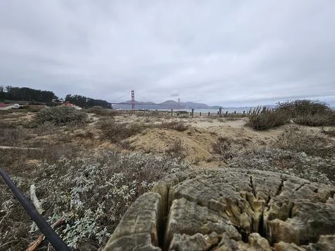 Focused View of a concrete block with a background of Golden Gate Bridge Stock Photos