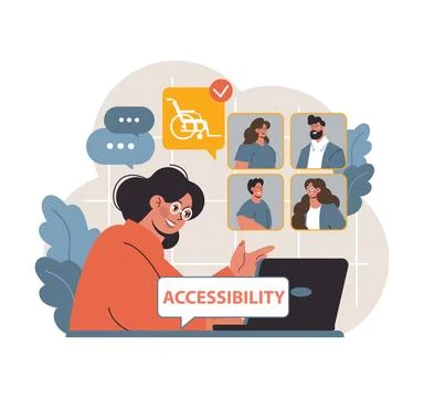 Focused woman at computer emphasizing accessibility. Flat vector illustration Illustrazione stock