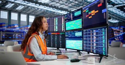 Focused Worker Uses A Computer To Track Warehouse Inventory Efficiently. Stock Photos
