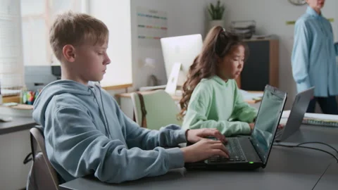 Focused Young Bog Typing on Laptop During Programming Lesson in School Video stock 317643325