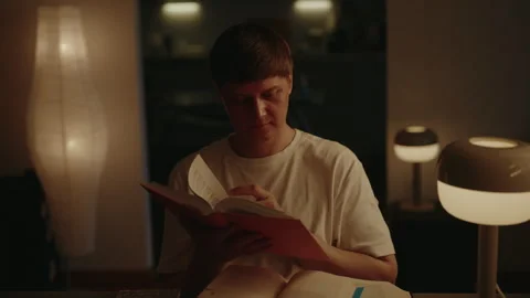 Focused young man flipping page while reading book at night, sitting at armchair Stock Footage 314271074