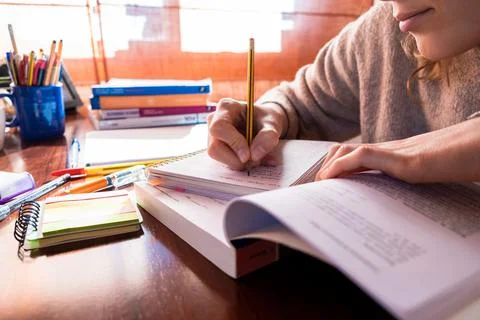 Focused young student making notes in the notebook sitting in the bedroom 스톡 사진