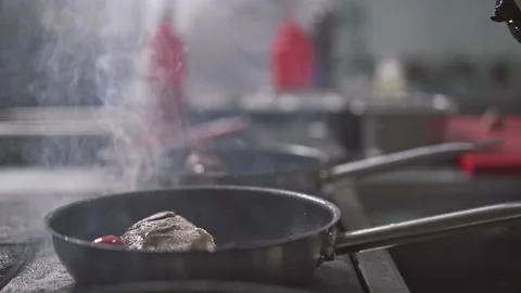 Focusing the camera on a pan with freshly cooked meat 動画素材 150419078