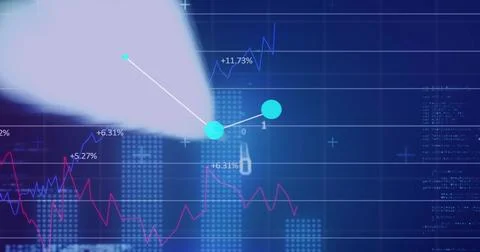 Focusing centered cyan node with white line and pointer blur on digital dashb Stock Illustration