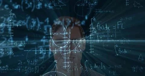 Focusing on complex calculations, man surrounded by mathematical formulas in Foto stock