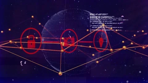 Focusing dotted globe nodes forming network security icons and code scrolling Stock Footage 317115992