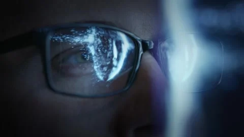 Focusing Glasses Reflecting Digital World Screen Time Technology Future Concepts Video stock 297322762