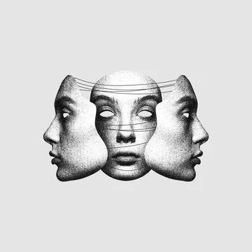 Focusing on identity and self-perception. Conceptual modern design. Three faces Stock Photos