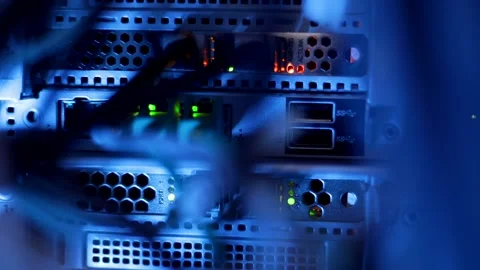 Focusing on main virtualization server network connections Stock Footage 179946052