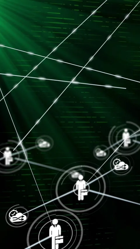 Focusing person icon with briefcase on green HUD, rings and cloud icons linking Vídeo Stock 330189569
