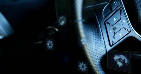 Focusing right steering wheel rim inside car with perforated-leather and Stock Photos
