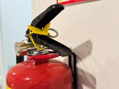 Focusing on the top portion of a red fire extinguisher mounted on a wall Stock Photos