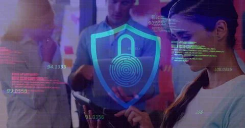 Focusing woman in blouse analyzing data on tablet in office, with holographic Stock Photos
