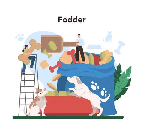 Fodder industry. Food for pet production Dog and cat bowl and food Stock Illustration