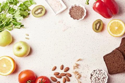 Fodmap diet concept with copy space in center. Low fodmap ingredients - Stock Photos
