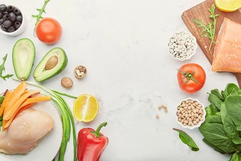 FODMAP, LOW carb diet background with copy space - chicken meat, salmon Stock Photos